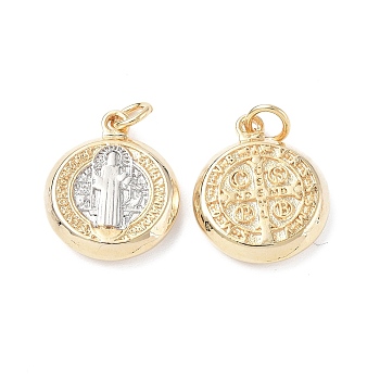 Brass Pendants, Cadmium Free & Lead Free, with Jump Ring, Flat Round with Flat Round with Cssml Ndsmd Cross God Father Religious Christianity, Real 18K Gold Plated & Platinum, Mixed Color, 18x15x3.5mm, Ring: 5x0.8mm, Hole: 3.3mm
