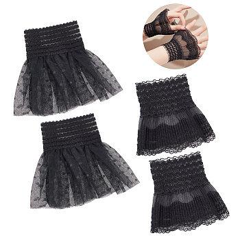 2 Pairs 2 Style Polyester Oversleeves, Layer Lace Wristband, False Sleeves, Wrist Cuffs, for Women, Black, 105~140x115~185x3mm, 1 pair/style
