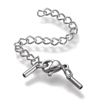 304 Stainless Steel Curb Chain Extender, with Cord Ends and Lobster Claw Clasps, Stainless Steel Color, Chain Extender: 52mm, Clasps: 9.6x6.5x3.5mm, Cord Ends: 6.5x1.5mm, 1mm inner diameter