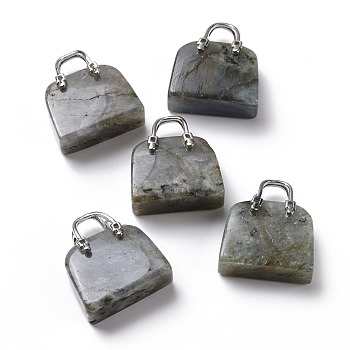 Natural Labradorite Brass Pendants, Platinum, Bag, 27.5x25x10mm, Hole: 6mm