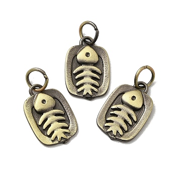 Tibetan Style Rack Plating Brass Pendants, Long-Lasting Plated, with Jump Ring, Fish Bone Charm, Brushed Antique Bronze, 16x10.5x1.5mm, Hole: 4.5mm