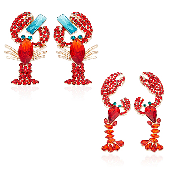 2 Pairs 2 Style Rhinestone Lobster Stud Earrings, Light Gold Alloy Jewelry for Women, Siam, 51.5~61.5x21~26.5x5~6.3mm, Pin: 0.7mm, 1 Pair/style