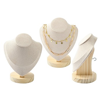 Necklace Bust Display Stand, with Wooden Base, Microfibre, 15x17cm