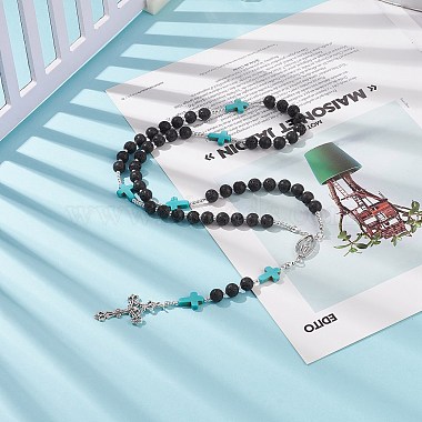 Natural Lava Rock & Synthetic Green Turquoise Rosary Bead Necklace(NJEW-TA00041-02)-7