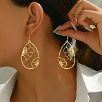 201 Stainless Steel Dangle Earrings, Teardrop with Flower, Golden, 70x33mm(FS-WGC9A22-01)