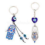 2Pcs 2 Style Turkish Blue Evil Eye Lucky Shoes/Hamsa Hand/Hand of Miriam Pendant Alloy Keychain, with Iron Findings, Antique Silver & Platinum, 13.6~14.5cm, 1pc/style(KEYC-AR0001-27)