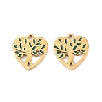 304 Stainless Steel Enamel Pendants, Heart Charms, Ion Plating(IP), Real 18K Gold Plated, Green, 13.5x13x1.5mm, Hole: 1.5mm(STAS-Z188-07G-02)