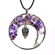 Natural Amethyst Chips Tree of Life Pendant Necklaces, Brass Owl Necklace with Wax Ropes, 19.69 inch(50cm)(FIND-PW0027-01B-07)