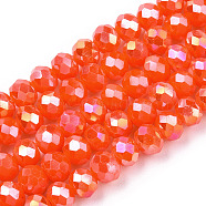 Electroplate Glass Beads Strands, Opaque Solid Color, AB Color Plated, Faceted, Rondelle, Orange Red, 8x6mm, Hole: 1mm, about 63~65pcs/strand, 39~40cm(EGLA-A034-P8mm-B23)
