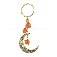 Tibetan Style Alloy Hollow Moon Pendant Keychain, with Acrylic Star Charm and Iron Split Key Rings, Orange, 9.2cm(KEYC-JKC00690-04)