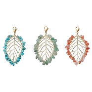 Gemstone Leaf Pendant  Decorations, Mixed Color, 68~71mm, 3pcs/set(HJEW-TA00126)