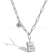 925 Sterling Silver Pendant Necklaces, Rectangle with Word Good Luck, Silver, 15.35 inch(39cm)(NJEW-M209-01)