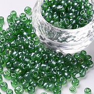 Glass Seed Beads, Trans. Colours Lustered, Round, Green, 4mm, Hole: 1.5mm, about 4500pcs/pound(SEED-A006-4mm-107)