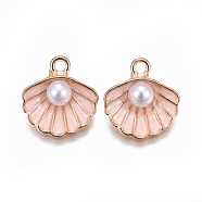 Zinc Alloy Enamel Pendants, with ABS Plastic Imitation Pearl, Shell, Light Gold, Pink, 15.5x14.5x6mm, Hole: 2mm(ENAM-F118-03A)