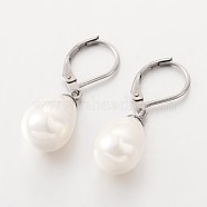 Teardrop Shell Pearl Leverback Dangle Earrings, with 304 Stainless Steel Leverback Hoop Earrings, Stainless Steel Color, White, 31mm, Pin: 1mm(EJEW-JE01793)
