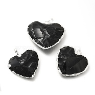 Natural Obsidian Pendants, Heart Charms, with Rack Plating Brass Findings, Platinum, 31~36.5x31.5~37.5x8.5~10.5mm, Hole: 7x4.5mm(G-P487-04P)