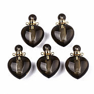 Natural Smoky Quartz Pendants, Openable Perfume Bottle, with Golden Tone Brass Findings, Heart, 33~34.5x22.5x12.5~13.5mm, Hole: 1.8mm, Bottle Capacity: 1ml(0.034 fl. oz)(G-T131-16B)