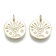Brass Pendants, with Jump Rings, Flat Round with Word Love, Nickel Free, Real 16K Gold Plated, 15x1.5mm, Hole: 3mm(KK-R137-003-NF)