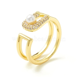 Clear Cubic Zirconia Intial Letter D Shape Open Cuff Ring with Imitation Pearl for Women, Brass Jewelry, Cadmium Free & Lead Free, Real 18K Gold Plated, US Size 7 1/4(17.5mm)(ZIRC-P096-16G)