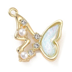 Alloy Glass Rhinestone Pendants, with Resin Pearl, Golden, Light Blue, Butterfly, 21x21.5x6mm, Hole: 1.6mm(PALLOY-U003-05B-G)