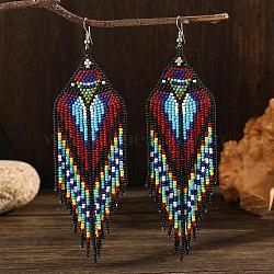 Bohemian Style Tassel Dangle Earrings, with Triangle Pattern and Glass Beads, Platinum, Black, 140x40mm(ZD4667)