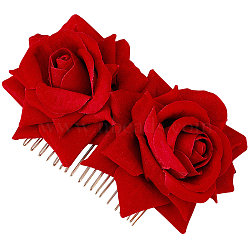 Iron Hair Combs, with Velvet Flower, Dark Red, 90x60mm(OHAR-CP0001-01A)