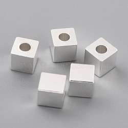 Brass Spacer Beads, Long-Lasting Plated, Cube with Round Hole, 925 Sterling Silver Plated, 4x4x4mm, Hole: 1.8mm(KK-O133-209D-S)