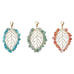 Gemstone Leaf Pendant  Decorations, Mixed Color, 68~71mm, 3pcs/set(HJEW-TA00126)