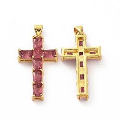 Brass Micro Pave Clear Cubic Zirconia Pendants, Cross, Religion, Cerise, 32.5x18x5.5mm, Hole: 3.5x5mm(ZIRC-F135-27G-04)