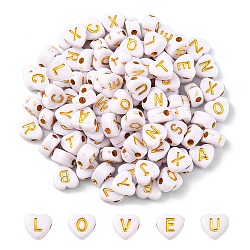 Opaque Acrylic Beads, Horizontal Hole, Metal Enlaced, Heart with Mixed Golden Letters, White, 7x3.5mm, Hole: 1.2mm(PACR-YW0001-14)