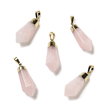 Natural Rose Quartz Pointed Pendants, with Golden Tone Brass Findings, Bullet, 35~36.5x13~13.5x12mm, Hole: 5x7mm