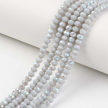 Electroplate Opaque Solid Color Glass Beads Strands, Half Rainbow Plated, Faceted, Rondelle, Light Grey, 10x8mm, Hole: 1mm, about 63~65pcs/strand, 19.2~20 inch(48~50cm)