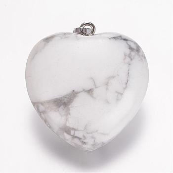 Natural Howlite Gemstone Pendants, Heart, Platinum, 32.5~34x30x12mm, Hole: 5x8mm