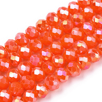 Electroplate Glass Beads Strands, Opaque Solid Color, AB Color Plated, Faceted, Rondelle, Orange Red, 8x6mm, Hole: 1mm, about 63~65pcs/strand, 39~40cm