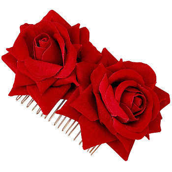 Iron Hair Combs, with Velvet Flower, Dark Red, 90x60mm
