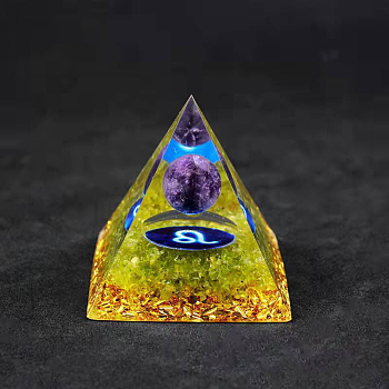 Orgonite Pyramid Resin Energy Generators with Constellation, Reiki Amethyst Ball Inside for Home Office Desk Decoration, Leo, 50x50x50mm