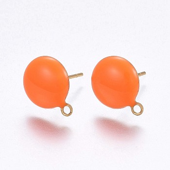 Ion Plating(IP) 304 Stainless Steel Stud Earring Findings, with Loop, Enamel, Flat Round, Golden, Orange, 12.5x10x2mm, Hole: 1.2mm, Pin: 0.8mm