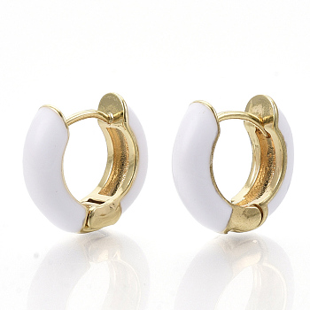 Brass Huggie Hoop Earrings, with Enamel, Real 18K Gold Plated, White, 14x15x5mm, Pin: 1x1mm