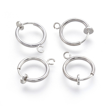 Brass Clip-on Hoop Earrings, For Non-pierced Ears, with Spring Findings, Nickel Free, Real Platinum Plated, 16.5~17x12.5x4mm, Hole: 1~1.5mm