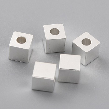 Brass Spacer Beads, Long-Lasting Plated, Cube with Round Hole, 925 Sterling Silver Plated, 4x4x4mm, Hole: 1.8mm