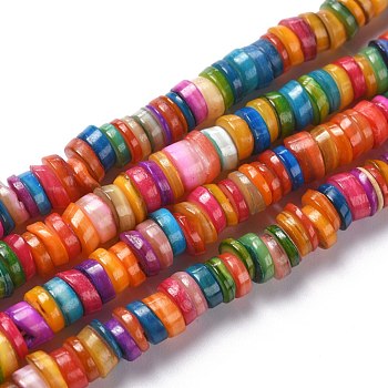 Natural Freshwater Shell Beads Strands, Dyed, Heishi Beads, Flat Round/Disc, Colorful, 5~7x1.5~2.5mm, Hole: 1.2mm, about 200pcs/strand, 15.75''(40cm)