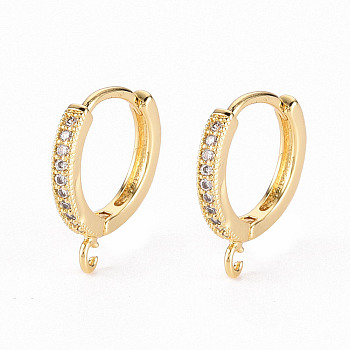 Brass Micro Pave Clear Cubic Zirconia Hoop Earring Findings, with Horizontal Loop, Real 18K Gold Plated, 16x14x2mm, Hole: 1.2mm, Pin: 1mm