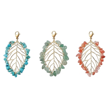 Gemstone Leaf Pendant  Decorations, Mixed Color, 68~71mm, 3pcs/set