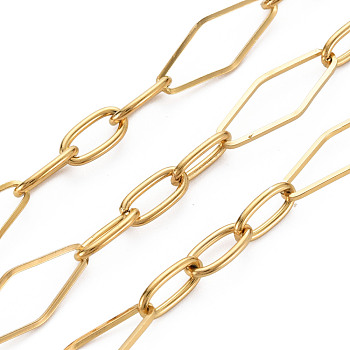 304 Stainless Steel Figaro Chains, Rhombus & Oval, Soldered, with Spool, Real 16K Gold Plated, 19.5x7~8x1mm, about 32.81 Feet(10m)/Roll