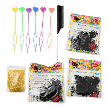DICOSMETIC Hair Styling Braiding Tool Set, with 6Pcs Topsy Tail Hair Styling Braiding Tool and 1Pc Comb, 3 Bag Elastic Thread Hair Ties, 800Pcs Glass Bead, Mixed Color, 200x24.5x2mm