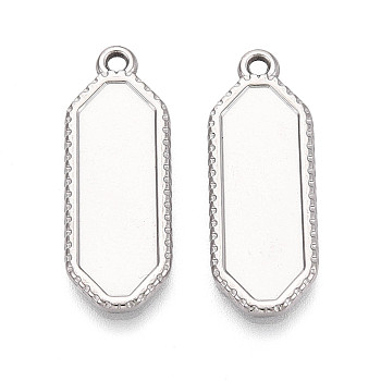 304 Stainless Steel Pendant Cabochon Settings, Polygon Charms, Stainless Steel Color, 28x10x2mm, Hole: 1.6~1.8mm, Tray: 22.5x7.5mm