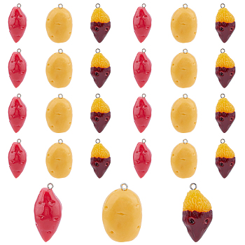 30Pcs 3 Styles Opaque Resin Pendants, Imitation Food, vegetable Charm, with Platinum Plated Iron Loops, Potato & Sweet Potato, Mixed Color, 29.5~39.5x16~19.5x13.5~17mm, Hole: 2mm, 10pcs/style