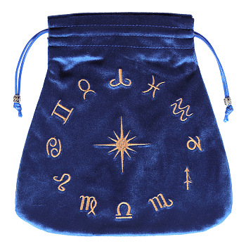 Velvet Packing Pouches, Drawstring Bags, Trapezoid with Constellation Pattern, Marine Blue, 21x21cm