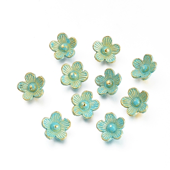 Tibetan Style Alloy Charms, Flower, Golden & Green Patina, 10.5x10x3.5mm, Hole: 1.5mm