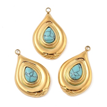 Synthetic Turquoise Pendants, 304 Stainless Steel Teardrop Charms, Real 18K Gold Plated, PVD Vacuum Plating, 28.5x18.5x6mm, Hole: 1.8mm